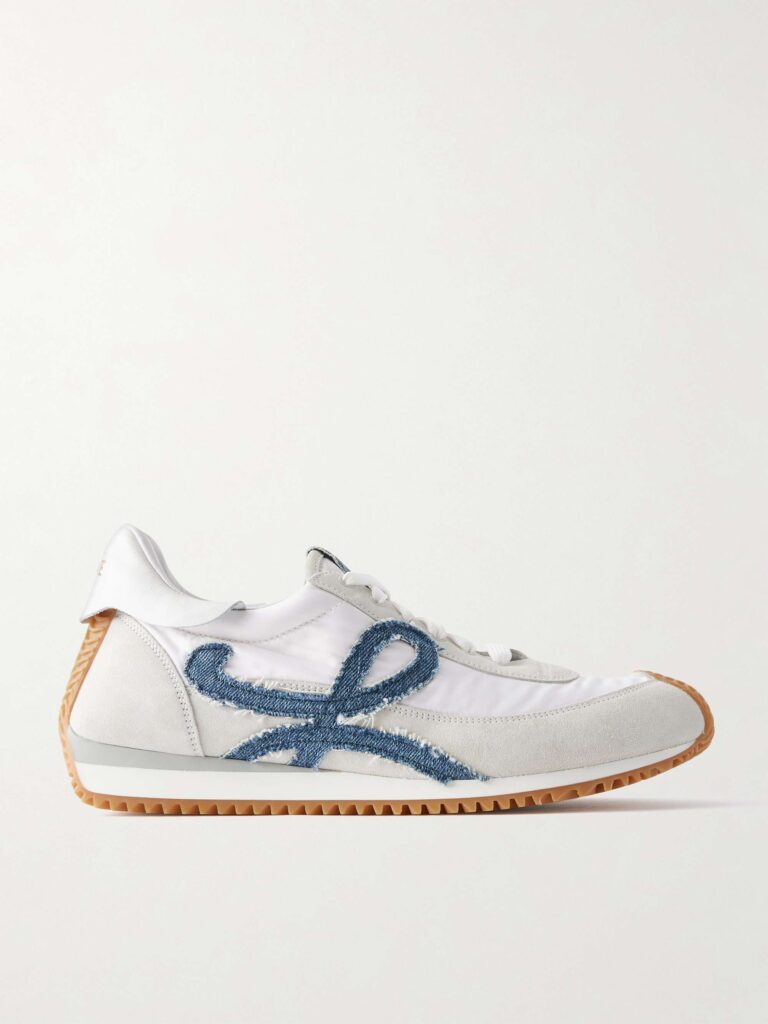 Flow Runner denim-trimmed shell and suede sneakers