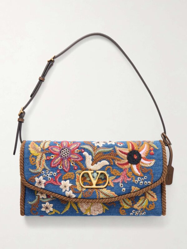 DeVain small leather-trimmed embroidered denim shoulder bag