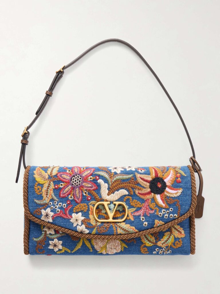 DeVain small leather-trimmed embroidered denim shoulder bag