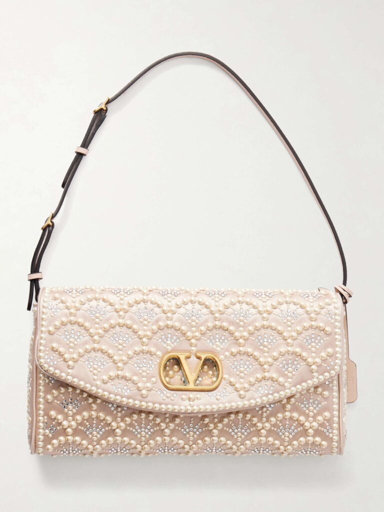 DeVain pearl and crystal-embellished satin shoulder bag