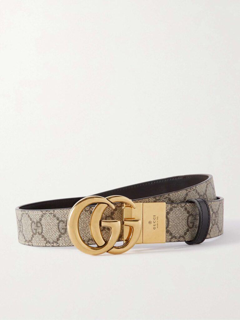 Reversible leather and printed coated-canvas belt