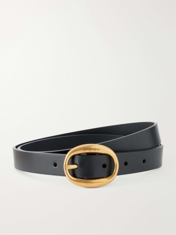Logo-engraved leather belt