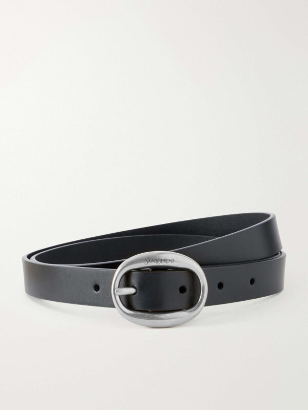 Logo-engraved leather belt