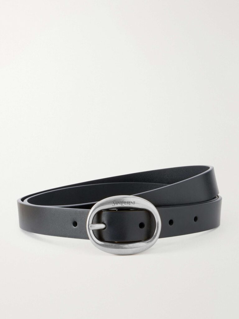 Logo-engraved leather belt