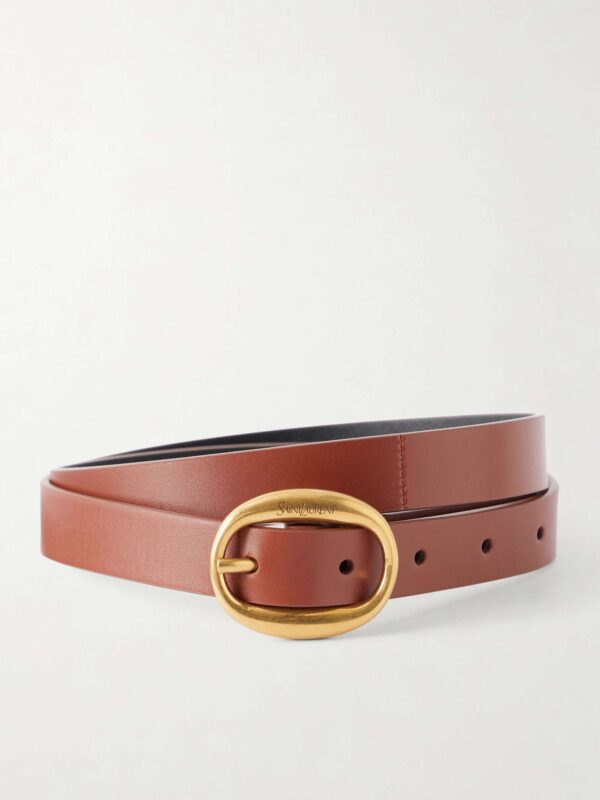 Logo-engraved leather belt