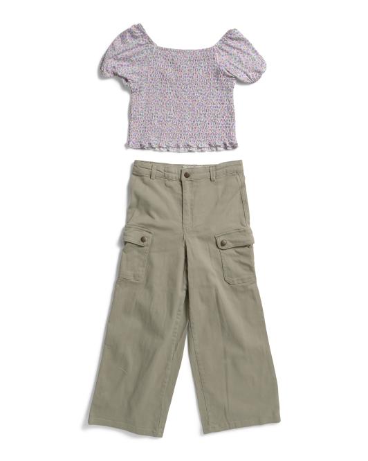 B TWEEN Big Girls 2pc Smocked Top With Cargo Pants Set