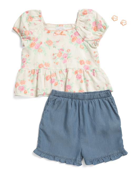 BTWEEN Girls 2pc Puff Sleeve Peplum Top And Shorts Set With Hair Clips