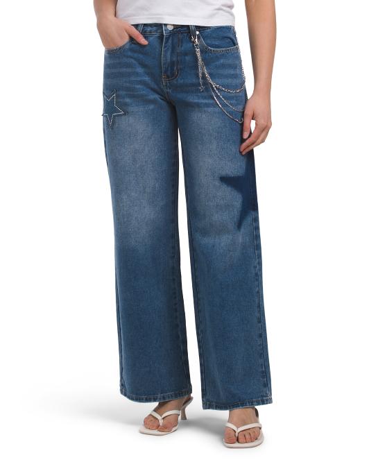 CALI1850 Embellished Star Patch Low Rise Wide Leg Jeans With Chain