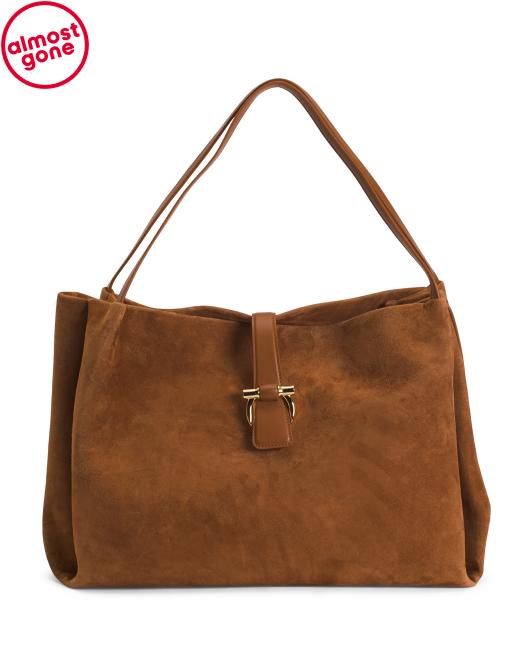 FERRAGAMO Made In Italy Suede Tote With Clasp Logo