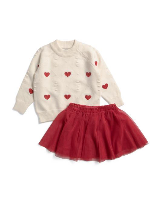 LE CHIC Toddler Girls 2pc Embroidered Heart Sweater And Skirt Set