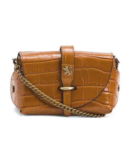 PRATESI Made In Italy Leather Cognac Printed Crocodile Tab Bag With Keeper