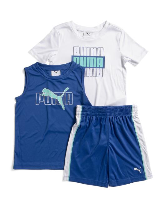 PUMA Boys 3pc Short Sleeve Tee Muscle Tank And Interlock Shorts Set
