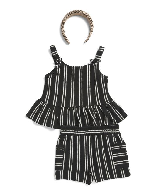 RACHEL ZOE Girls 2pc Stripe Pique Tank And Shorts Set With Straw Headband