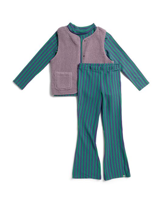 THE NEW CHAPTER Girls 3pc Vest With Striped Long Sleeve Top And Flare Leg Pants Set