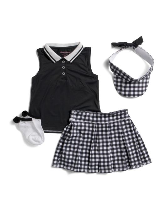 TOMMY BAHAMA Girls 2pc Active Polo And Gingham Skort Set With Bow Visor