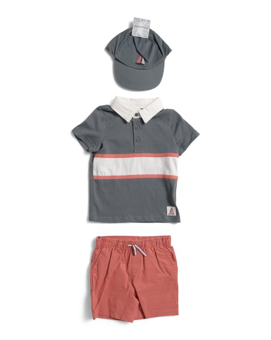 TOMMY BAHAMA Toddler Boys 3pc Striped Rugby Top And Twill Shorts With Hat Set