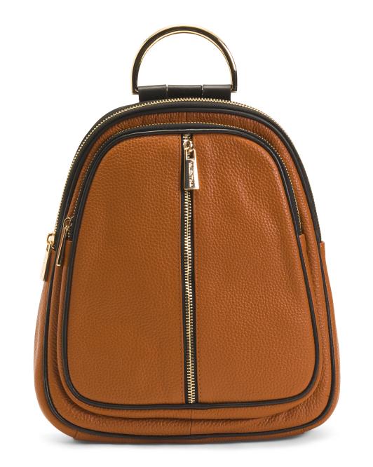 VALENTINA Made In Italy Leather Flat Backpack With Center Zip Closer