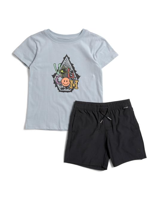 VOLCOM 2pc Short Sleeve Tee And Stretch Shorts Set