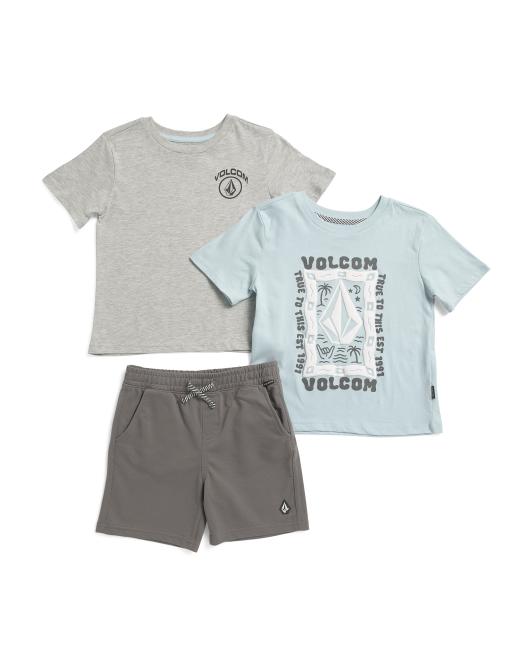 VOLCOM 3pc Short Sleeve Graphic Tees And Shorts Set
