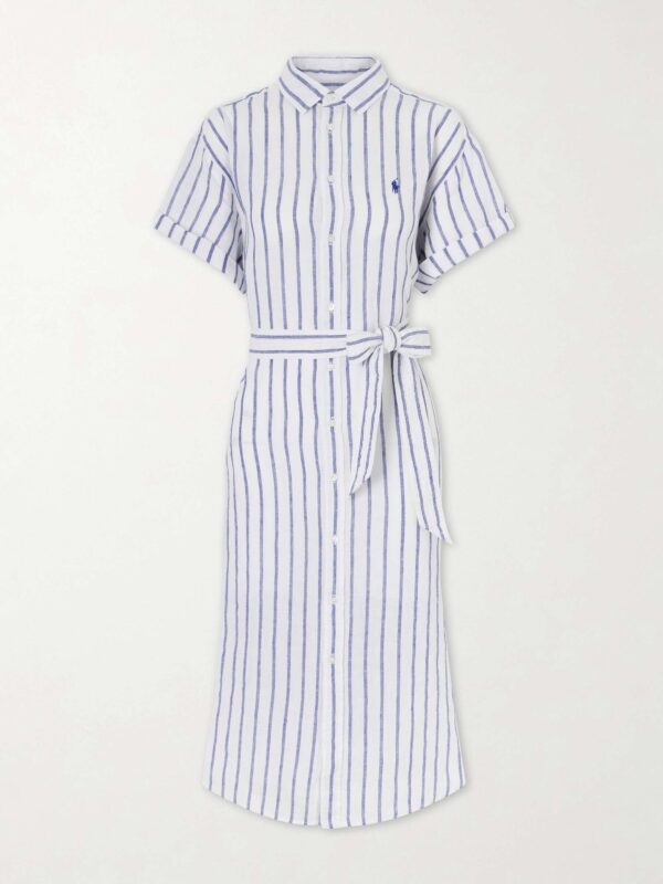 Belted striped linen midi dress