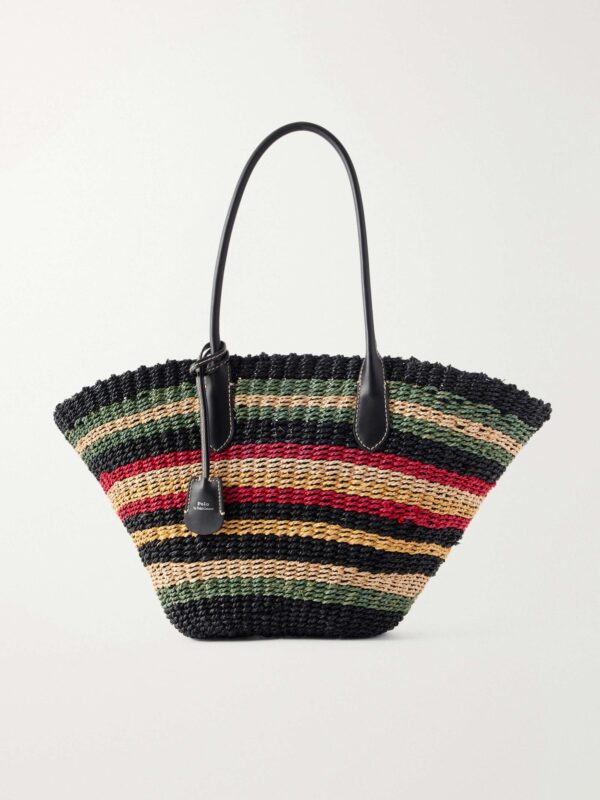 Bellport medium leather-trimmed raffia tote