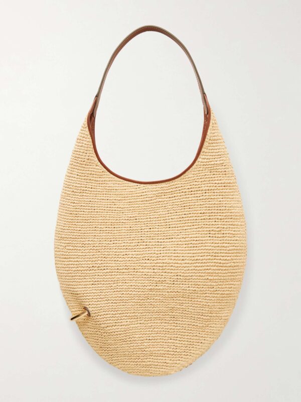 Pierced embellished leather-trimmed raffia shoulder strap