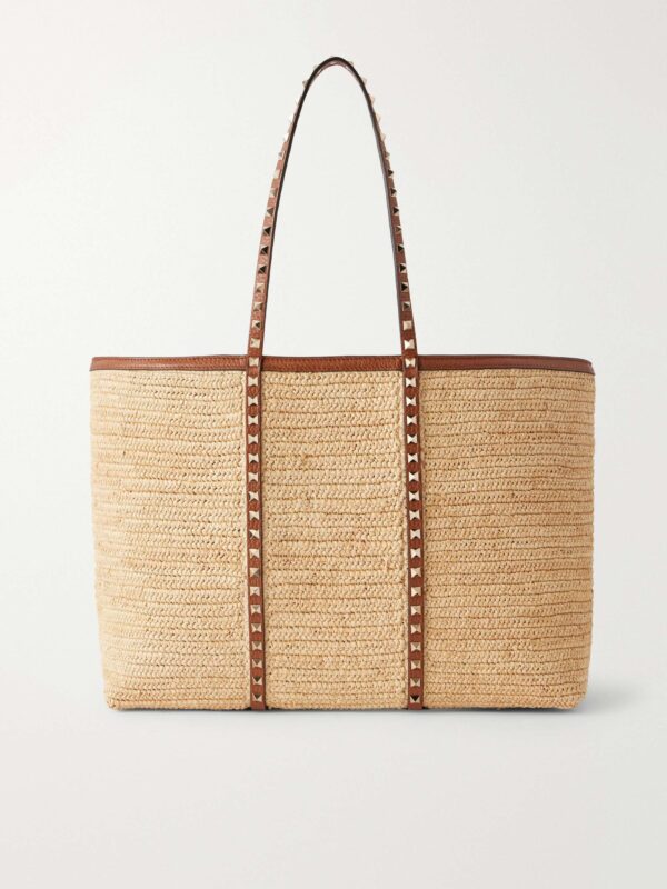 Rockstud leather-trimmed raffia tote